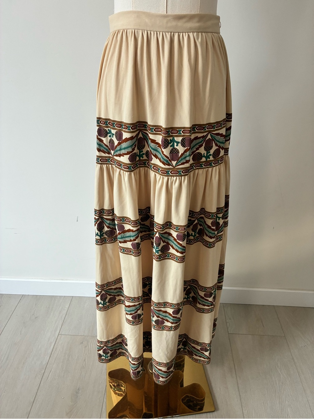 Shaheen Vintage 1970’s Acorn Print Cream Maxi Skirt